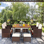 Costway 9PCS Patio Rattan Dining Set Cushioned Chairs Ottoman Wood Table Top White/Red/Black