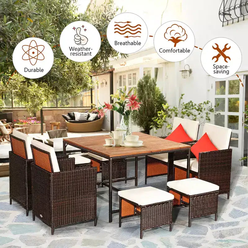 Costway 9PCS Patio Rattan Dining Set Cushioned Chairs Ottoman Wood Table Top White/Red/Black