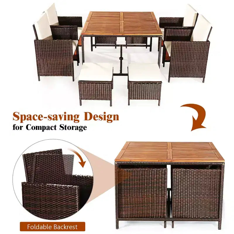 Costway 9PCS Patio Rattan Dining Set Cushioned Chairs Ottoman Wood Table Top White/Red/Black