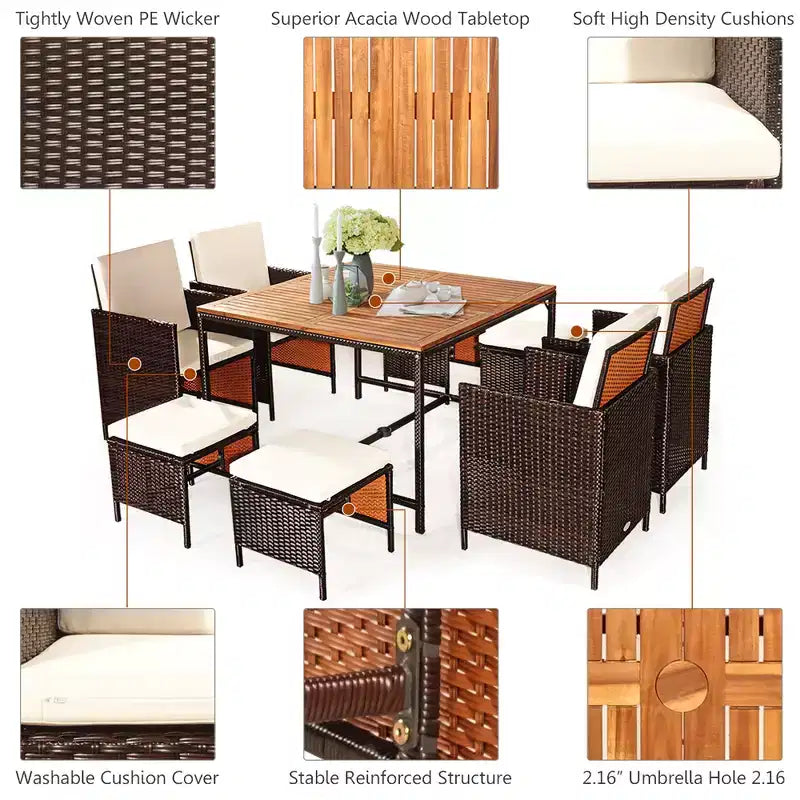 Costway 9PCS Patio Rattan Dining Set Cushioned Chairs Ottoman Wood Table Top White/Red/Black