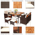 Costway 9PCS Patio Rattan Dining Set Cushioned Chairs Ottoman Wood Table Top White/Red/Black