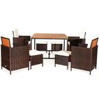 Costway 9PCS Patio Rattan Dining Set Cushioned Chairs Ottoman Wood Table Top White/Red/Black