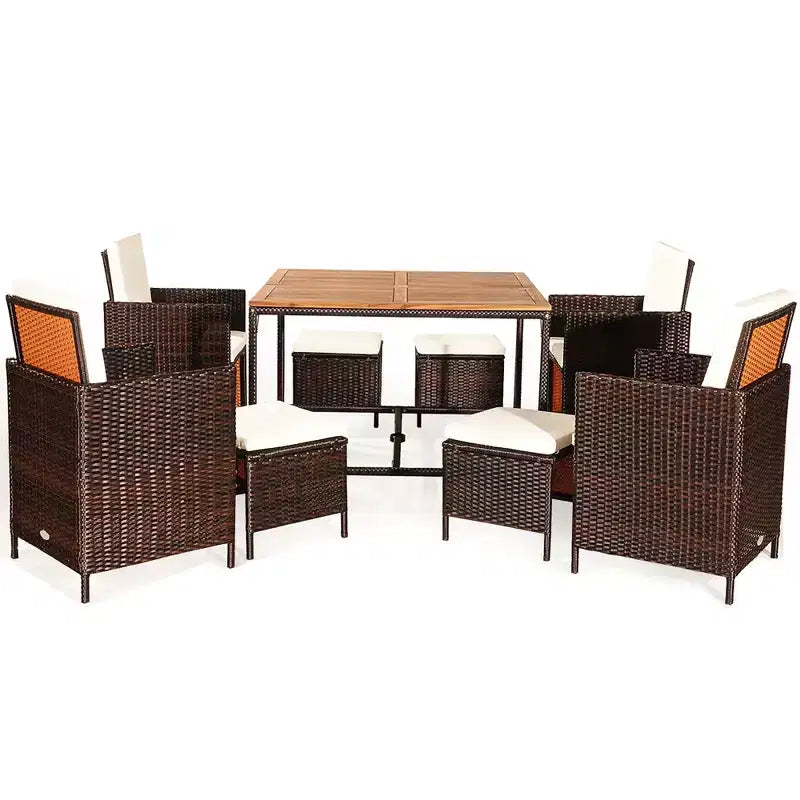 Costway 9PCS Patio Rattan Dining Set Cushioned Chairs Ottoman Wood Table Top White/Red/Black