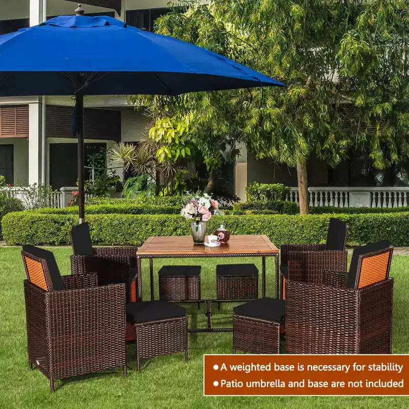 Costway 9PCS Patio Rattan Dining Set Cushioned Chairs Ottoman Wood Table Top White/Red/Black
