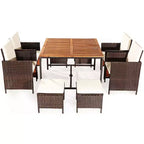 Costway 9PCS Patio Rattan Dining Set Cushioned Chairs Ottoman Wood Table Top White/Red/Black