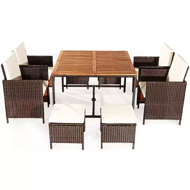 Costway 9PCS Patio Rattan Dining Set Cushioned Chairs Ottoman Wood Table Top White/Red/Black