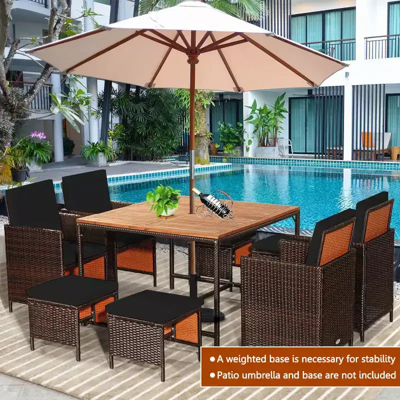 Costway 9PCS Patio Rattan Dining Set Cushioned Chairs Ottoman Wood Table Top White/Red/Black