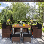 Costway 9PCS Patio Rattan Dining Set Cushioned Chairs Ottoman Wood Table Top White/Red/Black