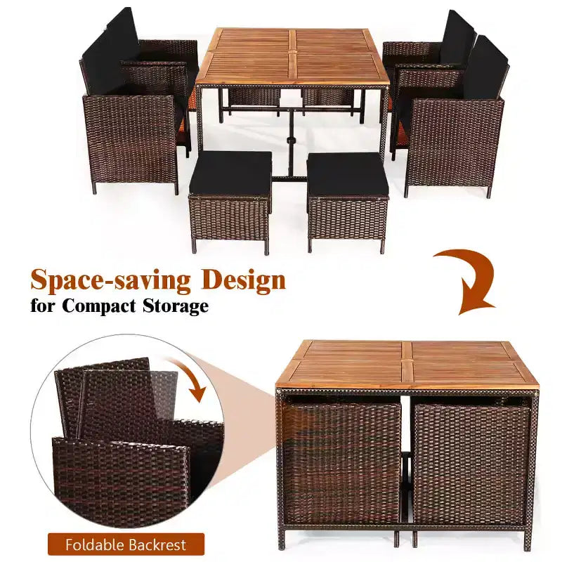 Costway 9PCS Patio Rattan Dining Set Cushioned Chairs Ottoman Wood Table Top White/Red/Black