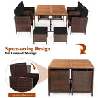 Costway 9PCS Patio Rattan Dining Set Cushioned Chairs Ottoman Wood Table Top White/Red/Black