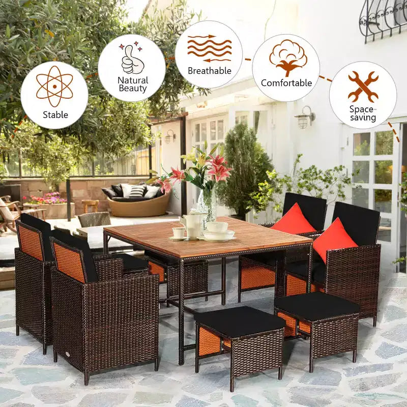 Costway 9PCS Patio Rattan Dining Set Cushioned Chairs Ottoman Wood Table Top White/Red/Black