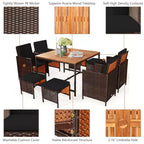 Costway 9PCS Patio Rattan Dining Set Cushioned Chairs Ottoman Wood Table Top White/Red/Black