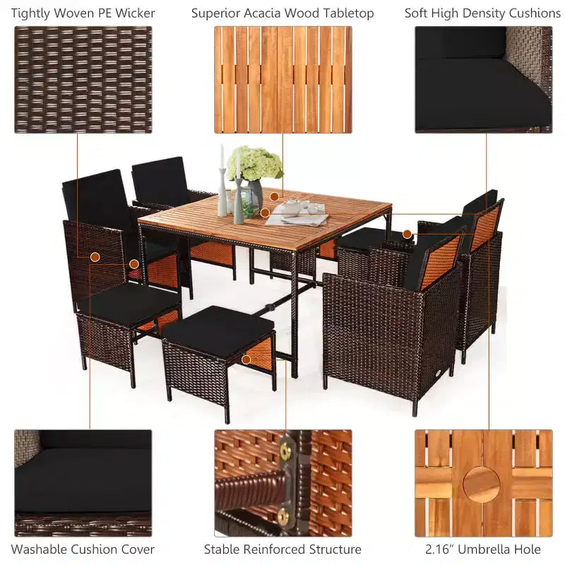 Costway 9PCS Patio Rattan Dining Set Cushioned Chairs Ottoman Wood Table Top White/Red/Black