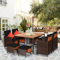 Costway 9PCS Patio Rattan Dining Set Cushioned Chairs Ottoman Wood Table Top White/Red/Black
