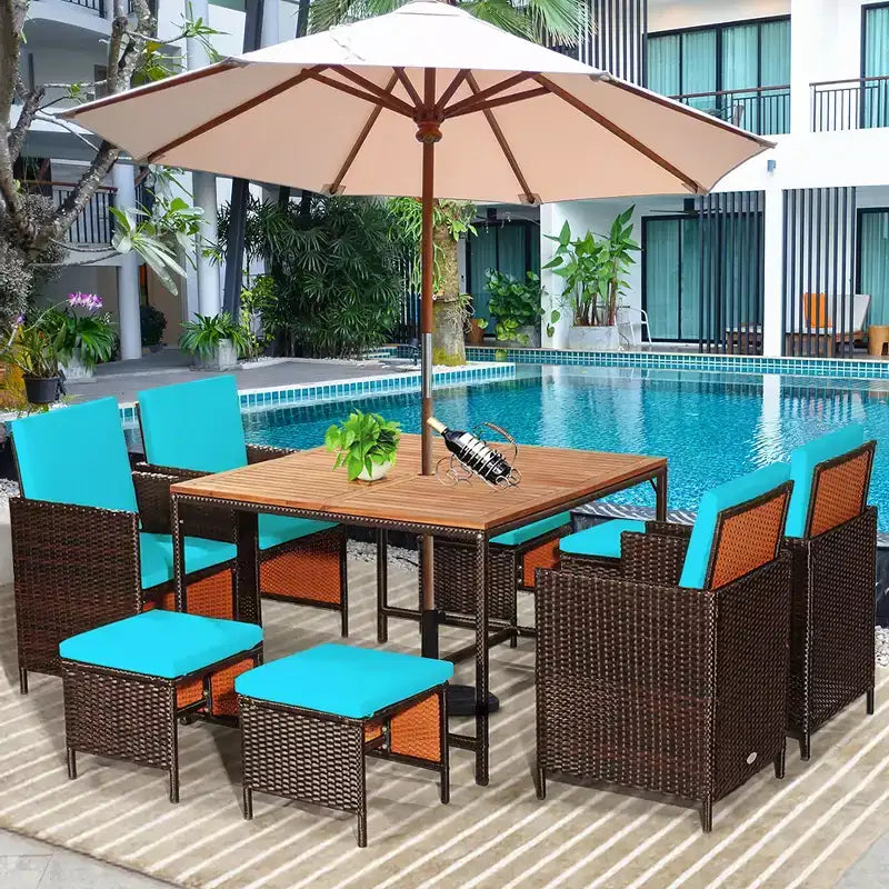 Costway 9-teiliges Rattan-Essset für die Terrasse mit gepolsterten Stühlen, Hocker und Tischplatte in Holzoptik, Weiß/Rot/Schwarz