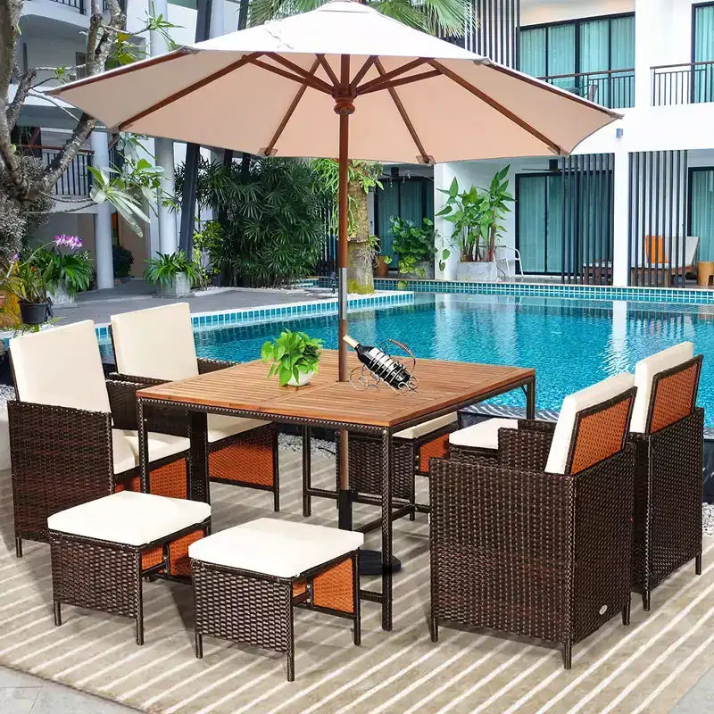 Costway 9-teiliges Rattan-Essset für die Terrasse mit gepolsterten Stühlen, Hocker und Tischplatte in Holzoptik, Weiß/Rot/Schwarz