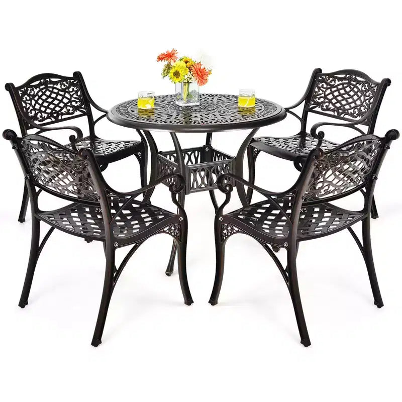 Costway 5 PCS Patio Dining Bistro Sets Cast Aluminum Round Patio Table W/Chairs