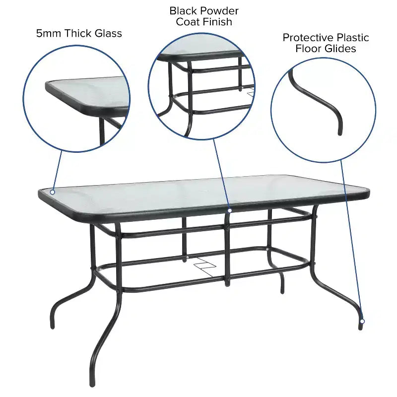 Emma and Oliver 7 Piece Patio Table & Chairs Set with 31.5x55 Rectangular Metal Table with Tempered Glass Top and 6 Black Aluminum Stacking Chairs