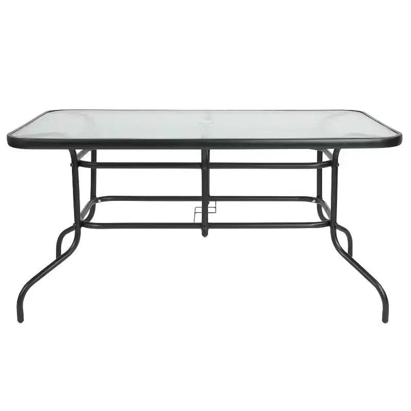 Emma and Oliver 7 Piece Patio Table & Chairs Set with 31.5x55 Rectangular Metal Table with Tempered Glass Top and 6 Black Aluminum Stacking Chairs
