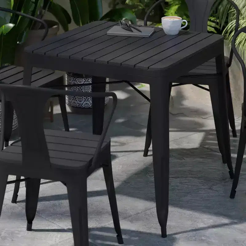 Flash Furniture All-Weather Resin Top Square Table & 4 Metal Chairs with Poly Resin Seats-Black