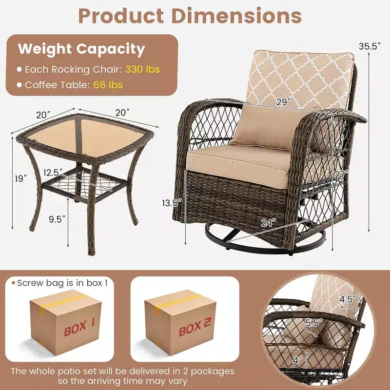Costway Patio3PCS Wicker Swivel Rocker Set 2 Rocking Chairs 360 Degrees with Coffee Table