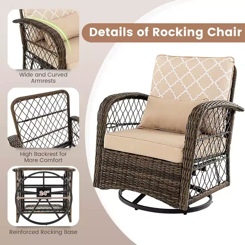 Costway Patio3PCS Wicker Swivel Rocker Set 2 Rocking Chairs 360 Degrees with Coffee Table