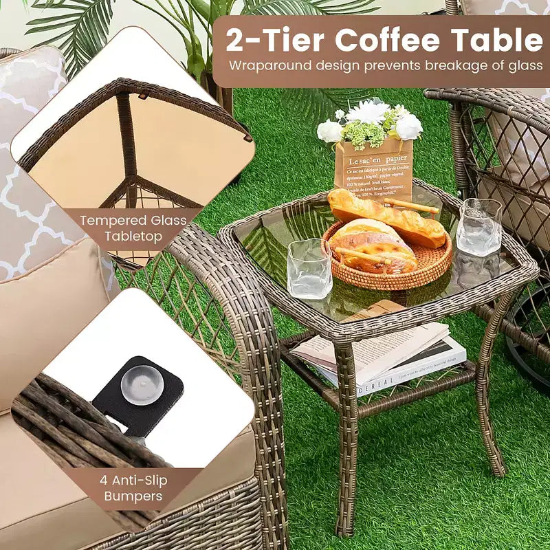 Costway Patio3PCS Wicker Swivel Rocker Set 2 Rocking Chairs 360 Degrees with Coffee Table