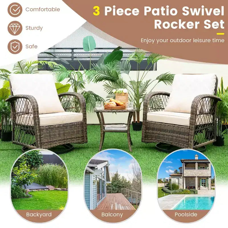 Costway Patio3PCS Wicker Swivel Rocker Set 2 Rocking Chairs 360 Degrees with Coffee Table