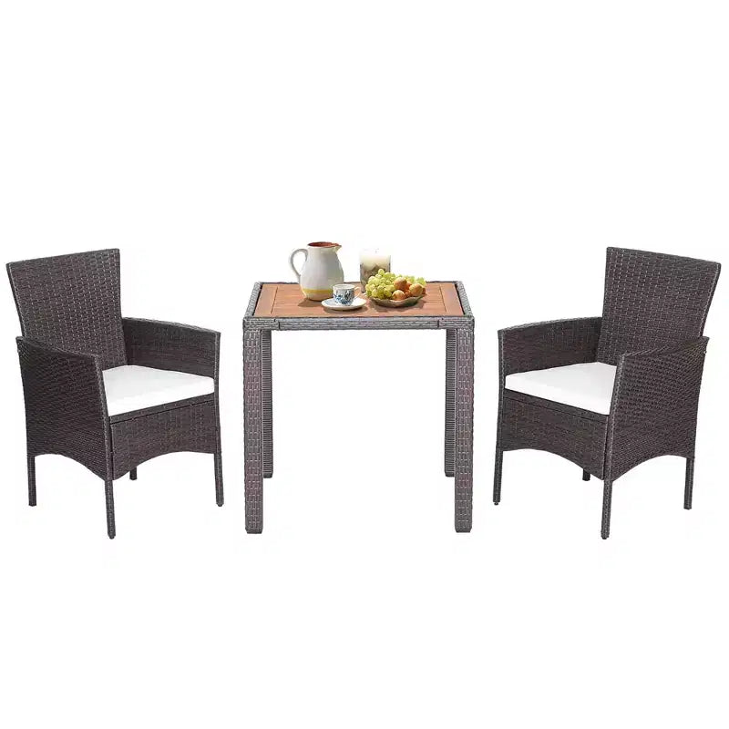 Costway 3PCS Patio Wicker Dining Set Acacia Wood Table Top with Cushioned Chairs Garden