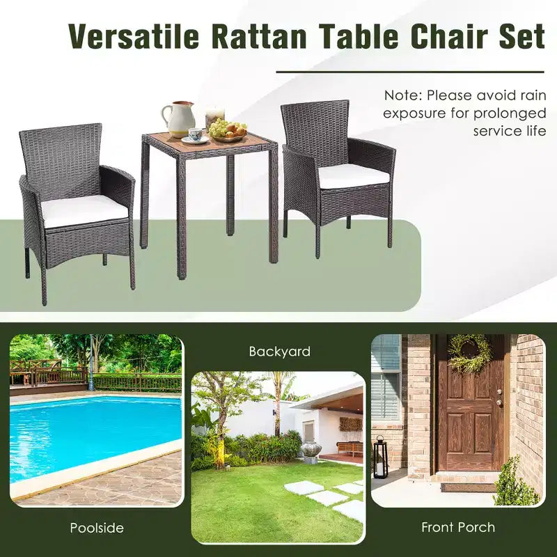Costway 3PCS Patio Wicker Dining Set Acacia Wood Table Top with Cushioned Chairs Garden