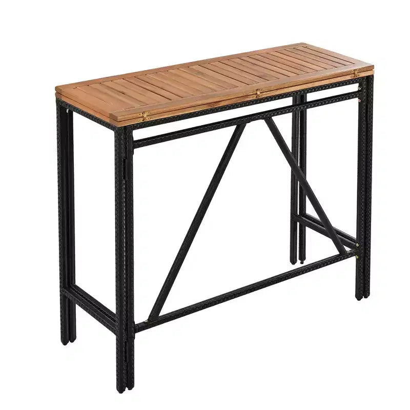 5-Piece Outdoor Patio Wicker Bar Set with Foldable Acacia Wood Top with 4 Stools and 1 Table,Brown - ModernLuxe