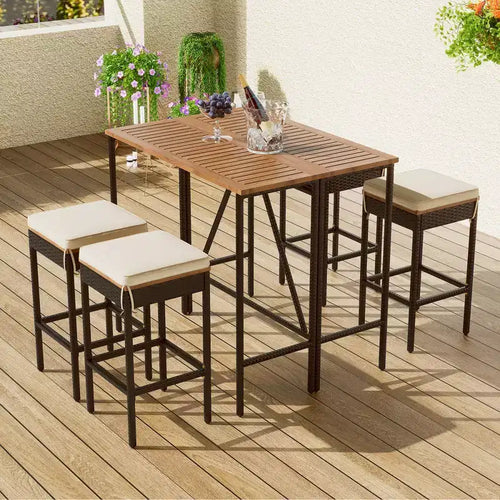 5-delige rieten barset voor buiten met inklapbaar blad van acaciahout, met 4 krukken en 1 tafel, bruin - ModernLuxe