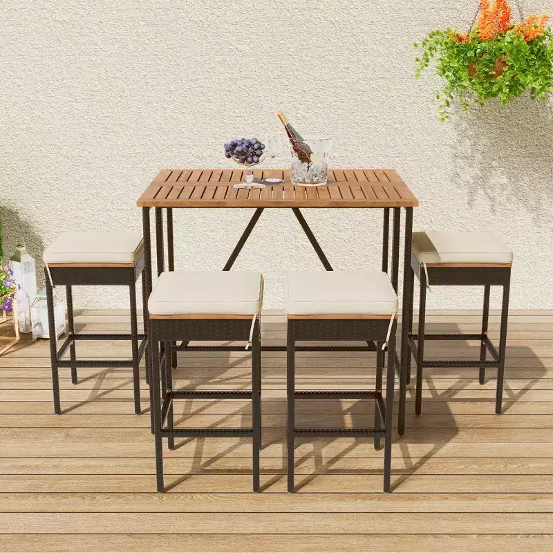 5-Piece Outdoor Patio Wicker Bar Set with Foldable Acacia Wood Top with 4 Stools and 1 Table,Brown - ModernLuxe