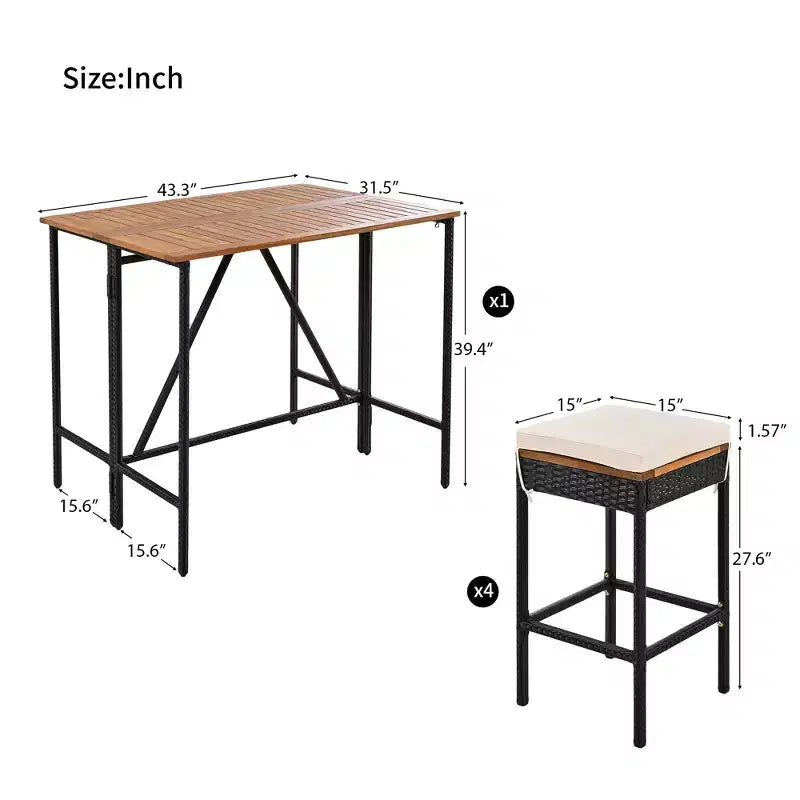 5-Piece Outdoor Patio Wicker Bar Set with Foldable Acacia Wood Top with 4 Stools and 1 Table,Brown - ModernLuxe