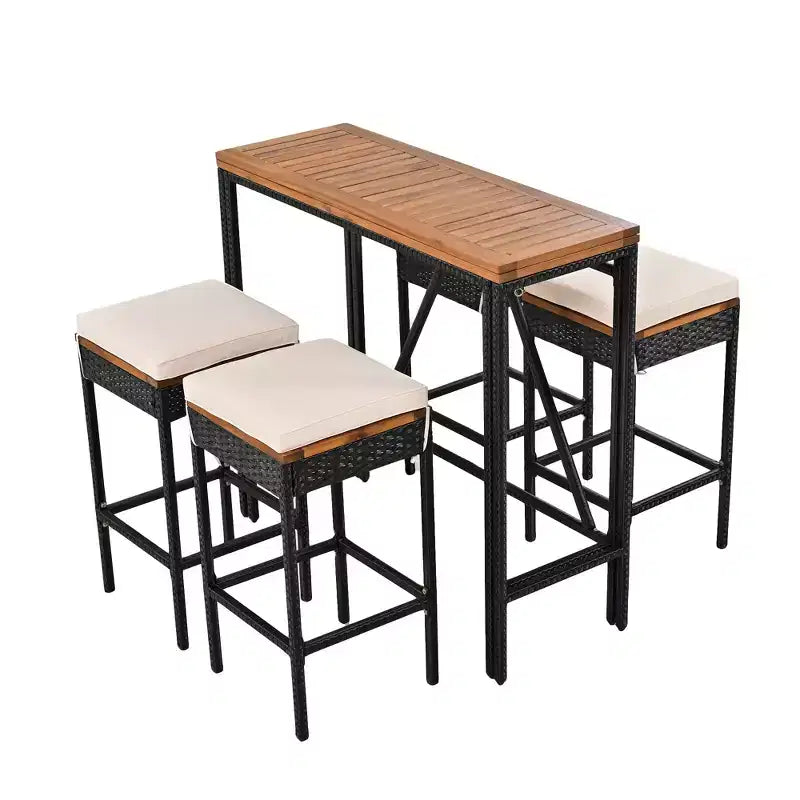 5-Piece Outdoor Patio Wicker Bar Set with Foldable Acacia Wood Top with 4 Stools and 1 Table,Brown - ModernLuxe