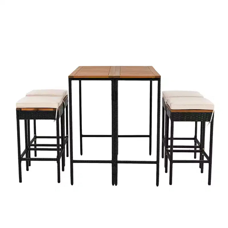 5-Piece Outdoor Patio Wicker Bar Set with Foldable Acacia Wood Top with 4 Stools and 1 Table,Brown - ModernLuxe