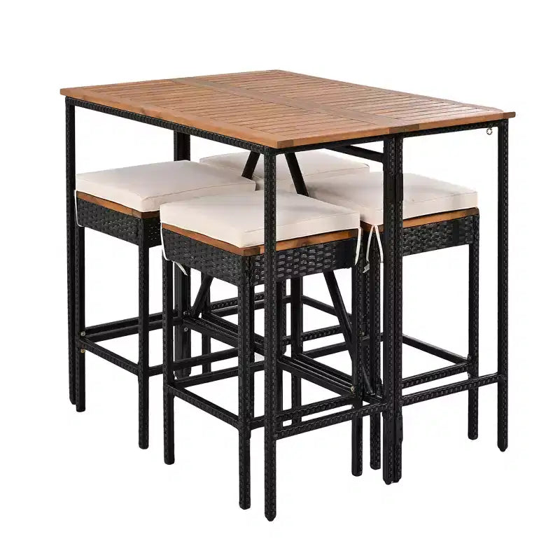 5-Piece Outdoor Patio Wicker Bar Set with Foldable Acacia Wood Top with 4 Stools and 1 Table,Brown - ModernLuxe