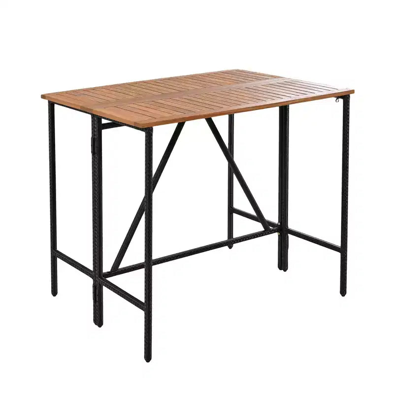 5-Piece Outdoor Patio Wicker Bar Set with Foldable Acacia Wood Top with 4 Stools and 1 Table,Brown - ModernLuxe