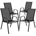 Emma and Oliver Five Piece Patio Table Set with Round Metal Table with Tempered Glass Top and 4 Flex Comfort Stacking Chairs