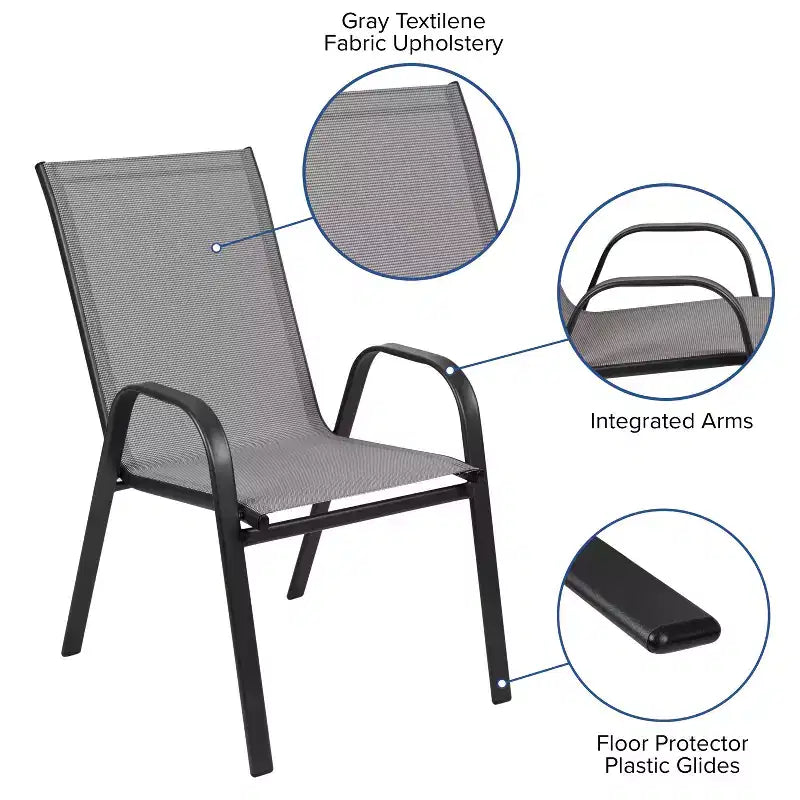 Emma and Oliver Five Piece Patio Table Set with Round Metal Table with Tempered Glass Top and 4 Flex Comfort Stacking Chairs