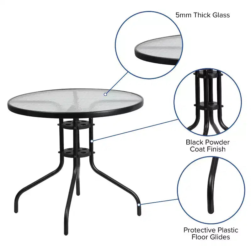 Emma and Oliver Five Piece Patio Table Set with Round Metal Table with Tempered Glass Top and 4 Flex Comfort Stacking Chairs