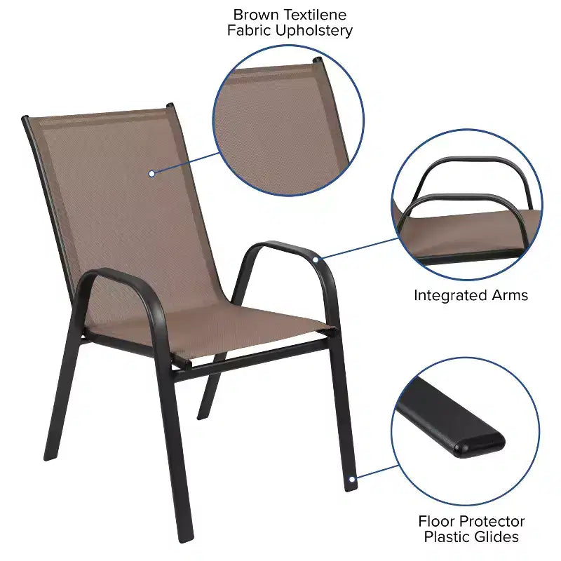 Emma and Oliver Five Piece Patio Table Set with Round Metal Table with Tempered Glass Top and 4 Flex Comfort Stacking Chairs