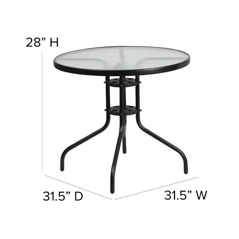 Emma and Oliver Five Piece Patio Table Set with Round Metal Table with Tempered Glass Top and 4 Flex Comfort Stacking Chairs