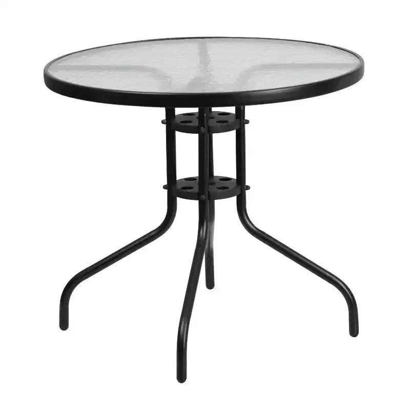 Emma and Oliver Five Piece Patio Table Set with Round Metal Table with Tempered Glass Top and 4 Flex Comfort Stacking Chairs
