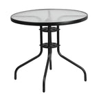 Emma and Oliver Five Piece Patio Table Set with Round Metal Table with Tempered Glass Top and 4 Flex Comfort Stacking Chairs