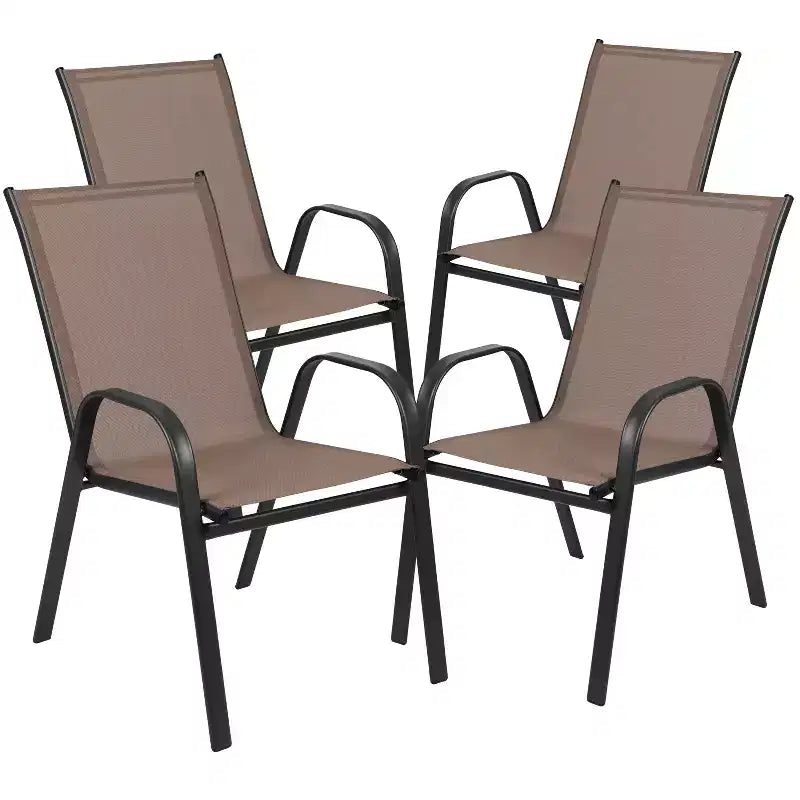 Emma and Oliver Five Piece Patio Table Set with Round Metal Table with Tempered Glass Top and 4 Flex Comfort Stacking Chairs