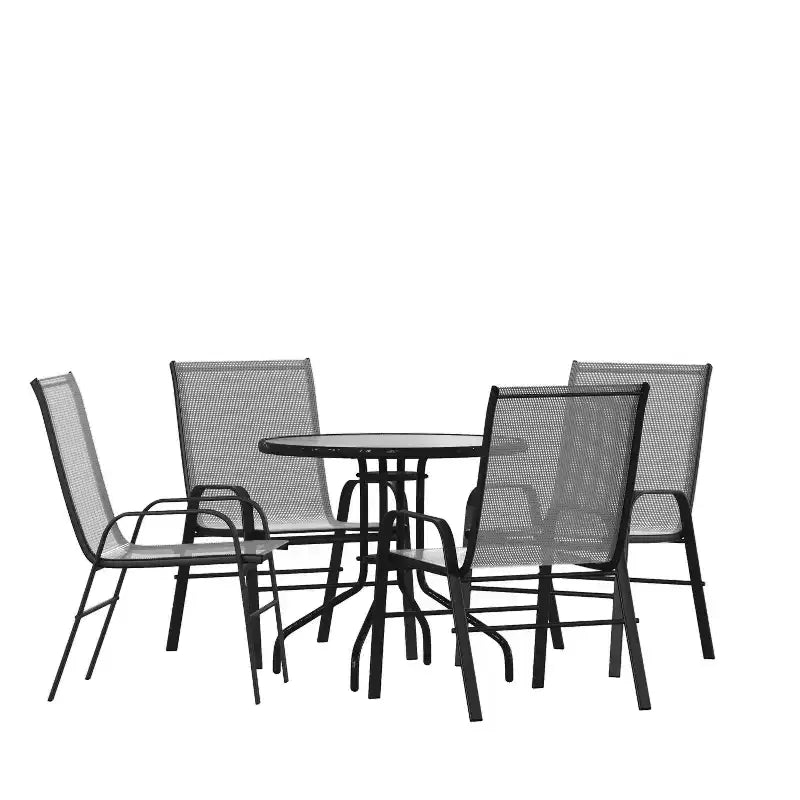Emma and Oliver fünfteilige Terrassengarnitur mit rundem Metalltisch, Tischplatte aus gehärtetem Glas und 4 stapelbaren Flex-Comfort-Stühlen