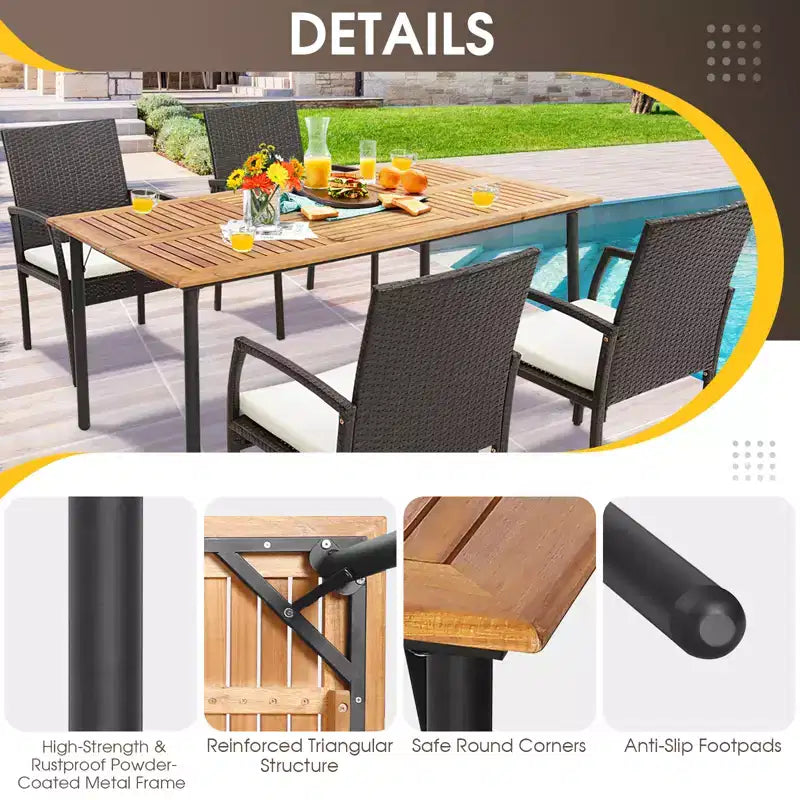 Costway 5PCS Patio Dining Set Cushion Armchairs Acacia Wood Table with Umbrella Hole