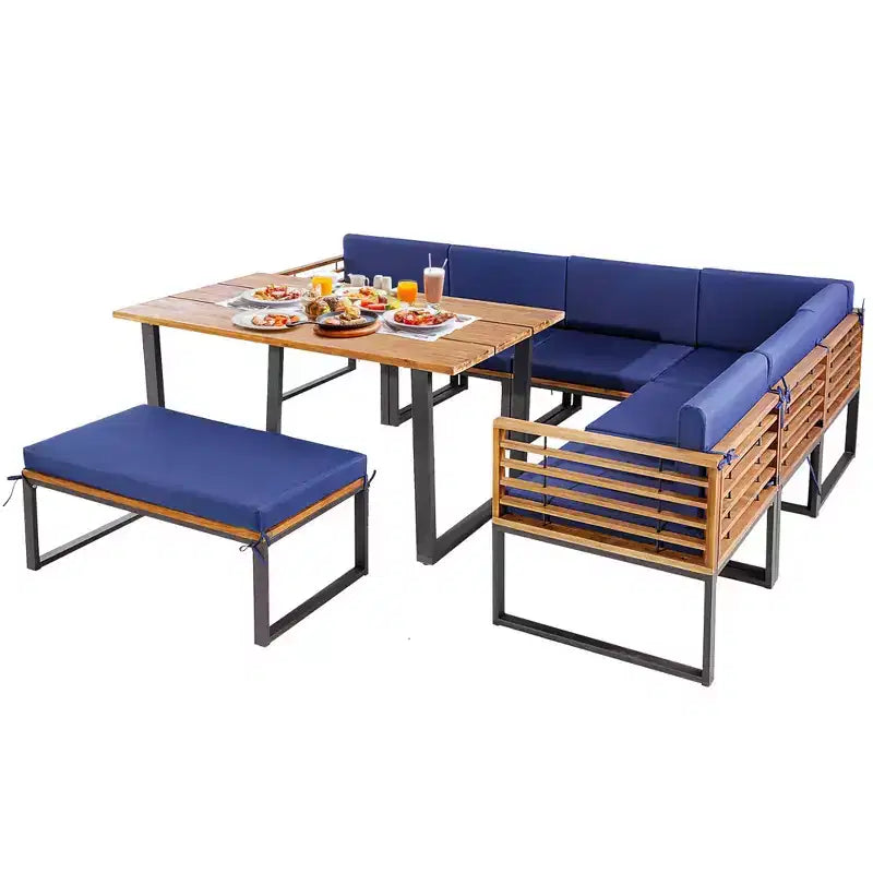 Costway 8pcs Patio Acacia Wood Dining Table & Ottoman Sofa Chair Set Outdoor Furniture