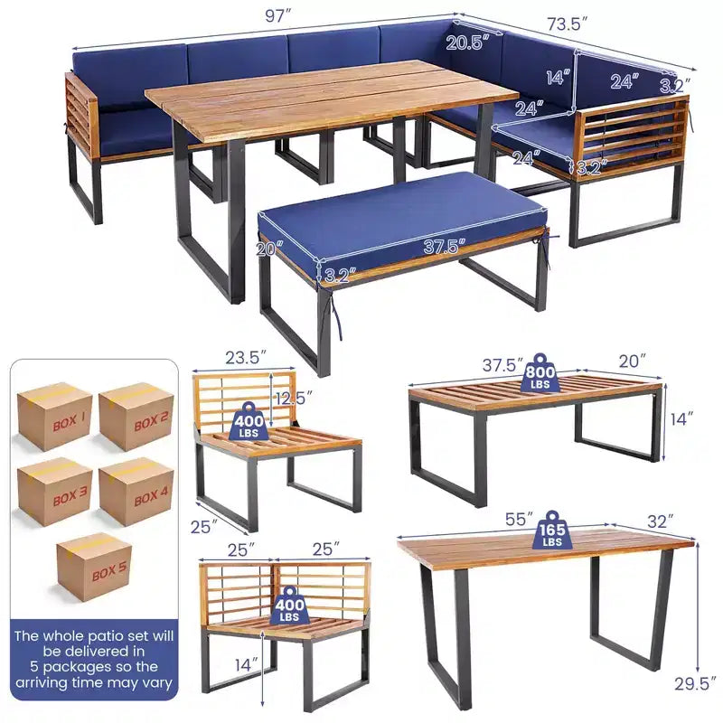Costway 8pcs Patio Acacia Wood Dining Table & Ottoman Sofa Chair Set Outdoor Furniture